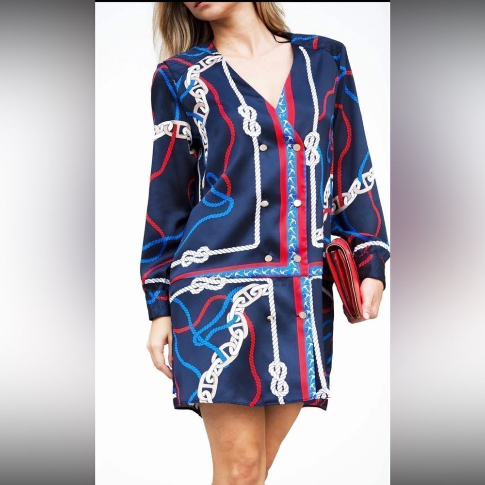 Zara Elegant Navy Chain Print Dress, XS